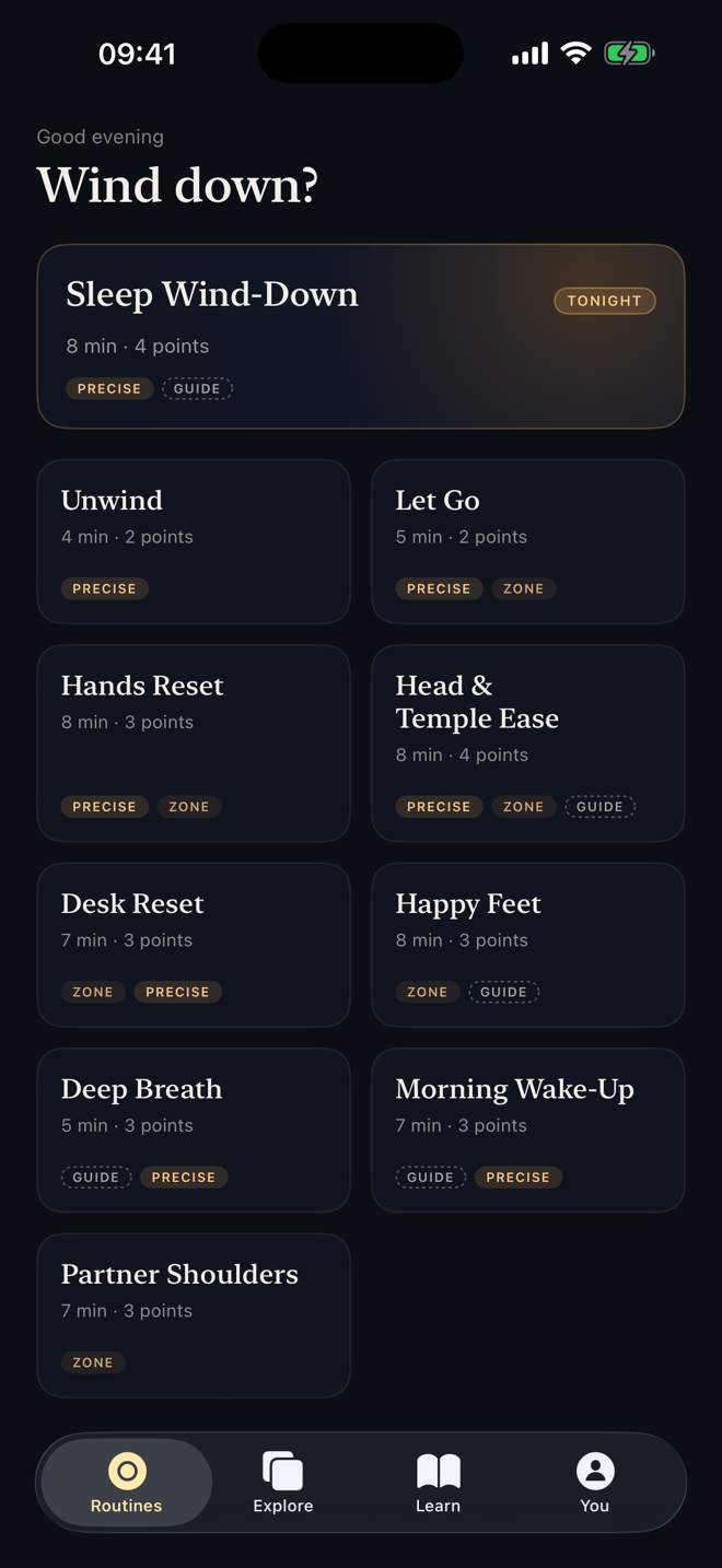 Routine library screen: a two-column grid of routines such as Sleep Wind-Down and Morning Wake-Up.