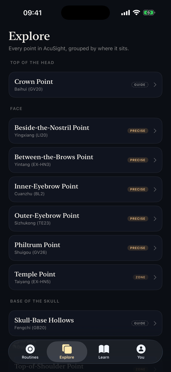 Explore screen: points grouped by body area, each with its tier badge.