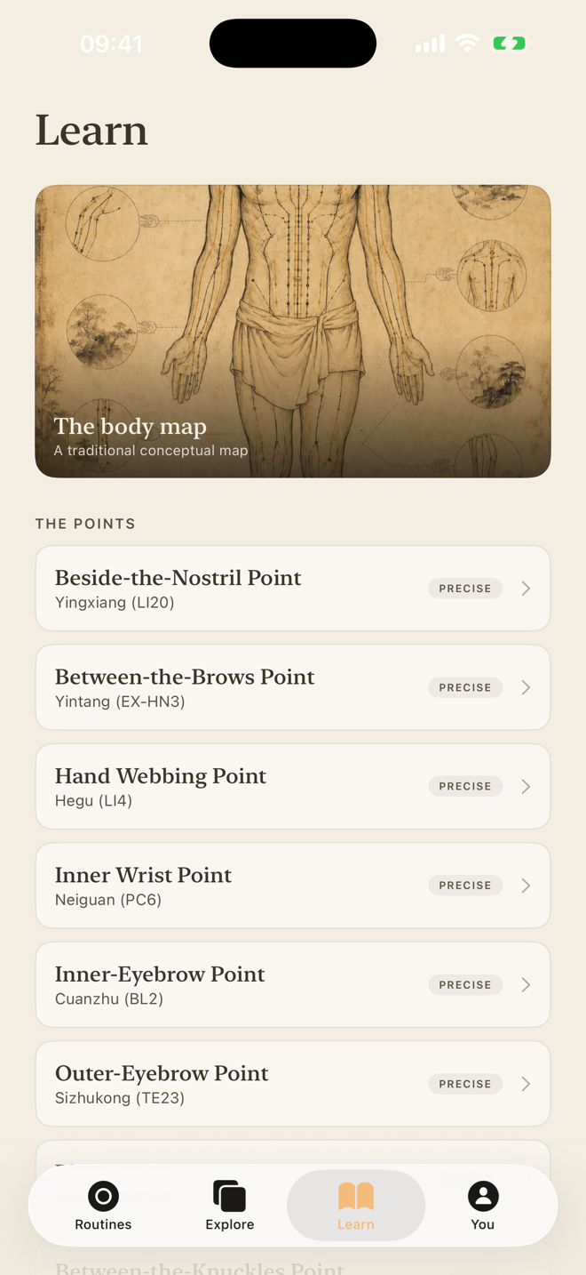 Learn screen: the traditional meridian map presented as a cultural, historical illustration.